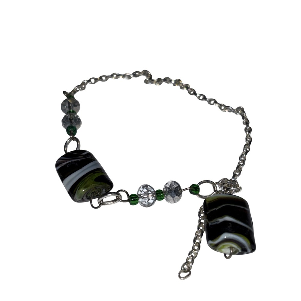 Green Black Glass Bead Bracelet Silver Tone Chain Faceted Crystal Accent